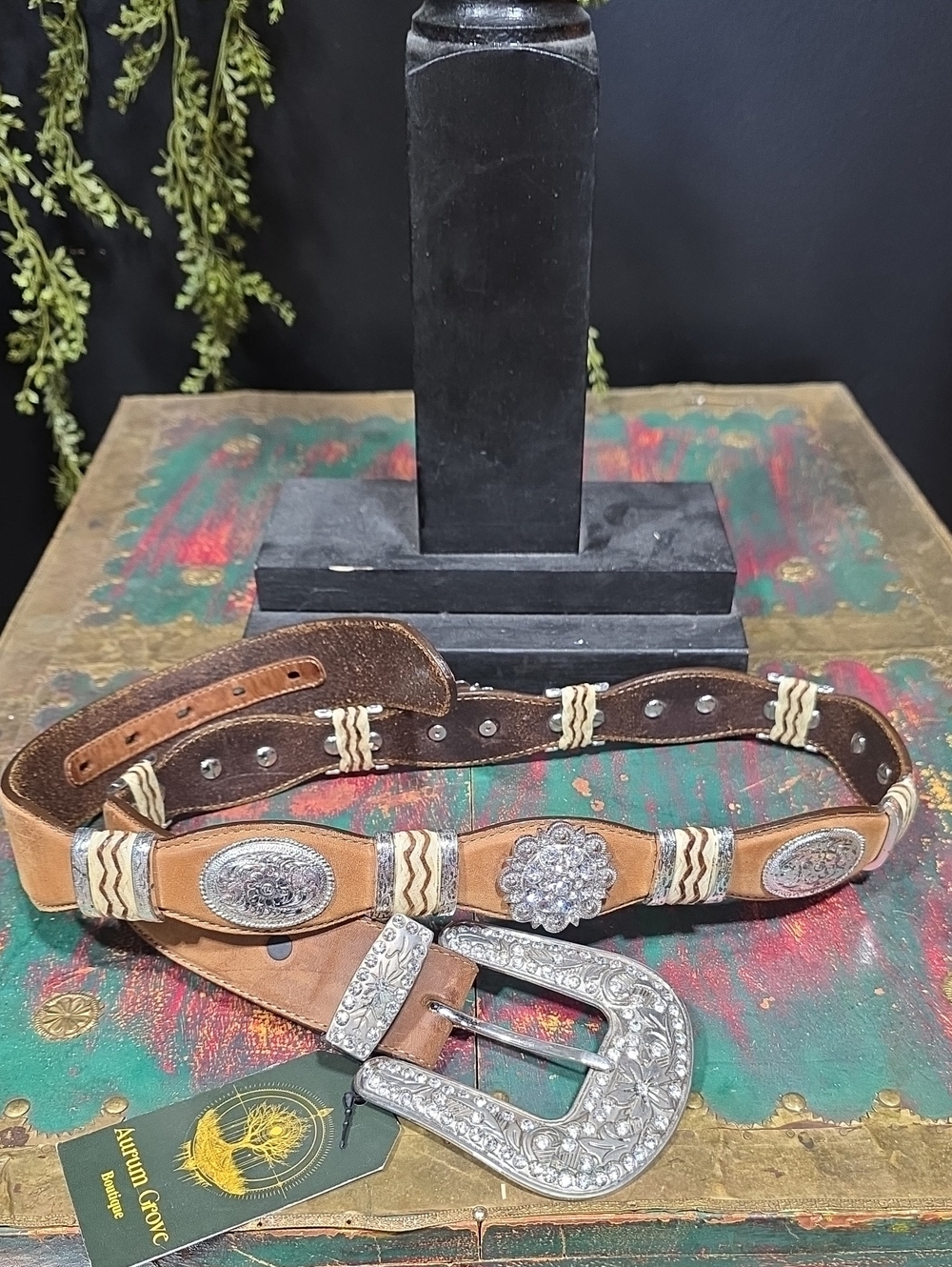 Tony Lama Tan and Brown Leather Western Belt with Silver Conchos